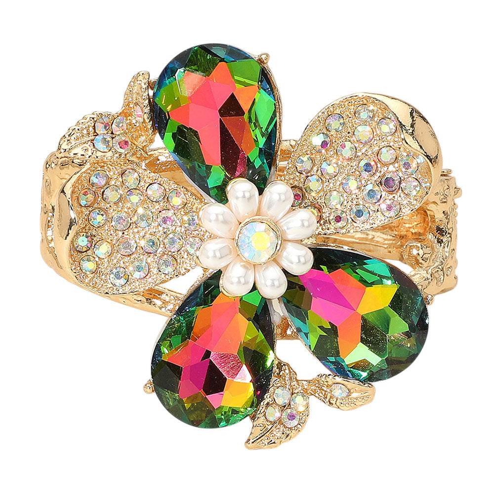iLLASPARKZ Glass Stone Pearl Embellished Flower Hinged Bangle Bracelet