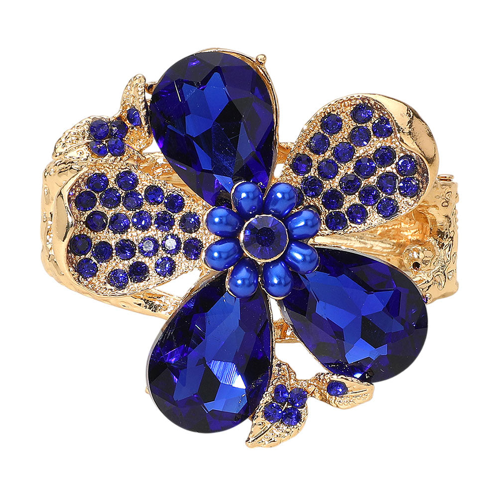 iLLASPARKZ Glass Stone Pearl Embellished Flower Hinged Bangle Bracelet
