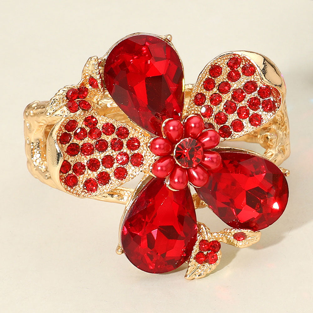 iLLASPARKZ Glass Stone Pearl Embellished Flower Hinged Bangle Bracelet