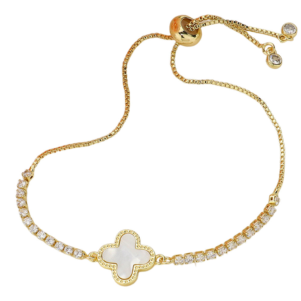 iLLASPARKZ Mother Of Pearl Quatrefoil Pointed Brass Metal Round CZ Stone Adjustable Pull Tie Bracelet