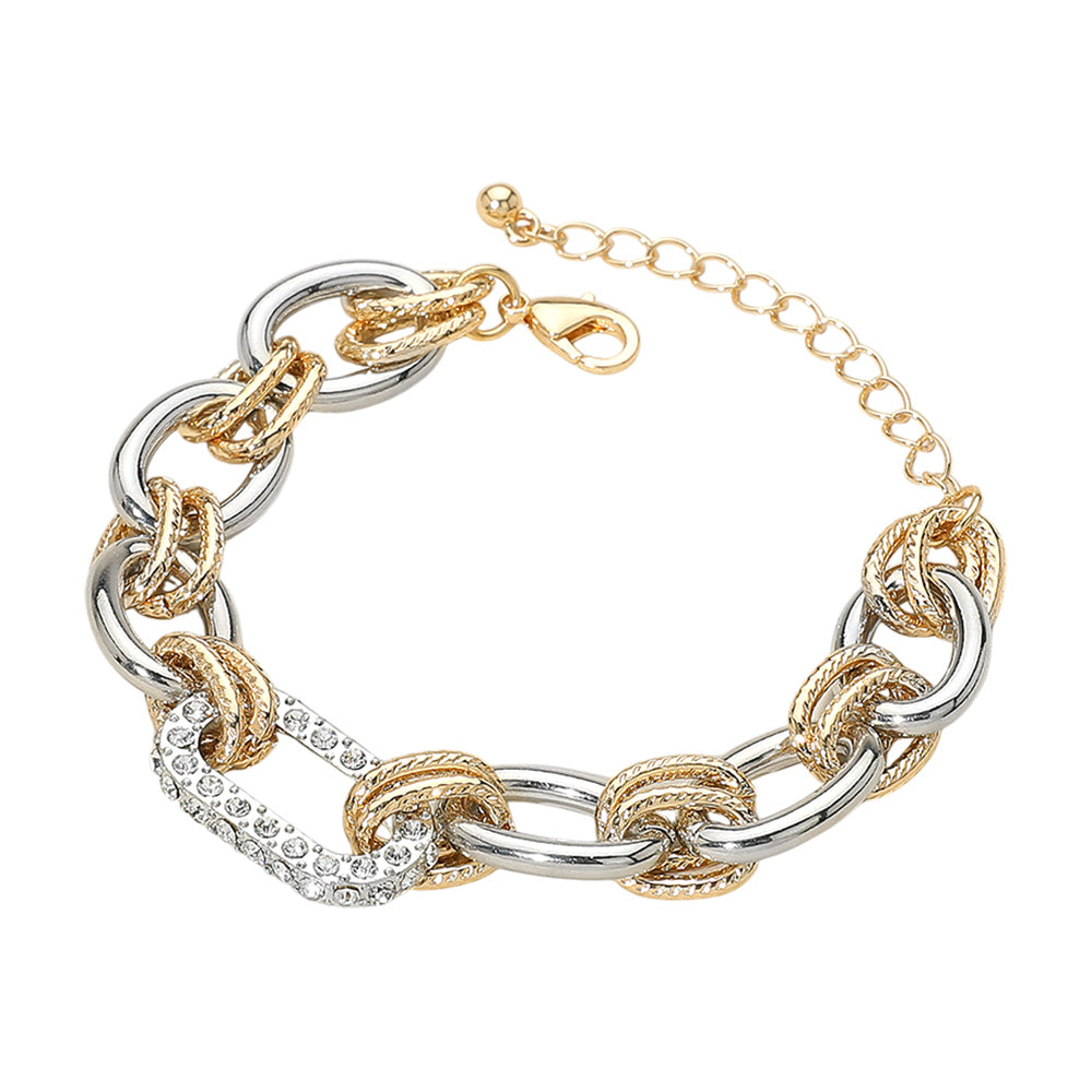 iLLASPARKZ Stone Paved Oval Ring Pointed Two Tone Metal Link Bracelet