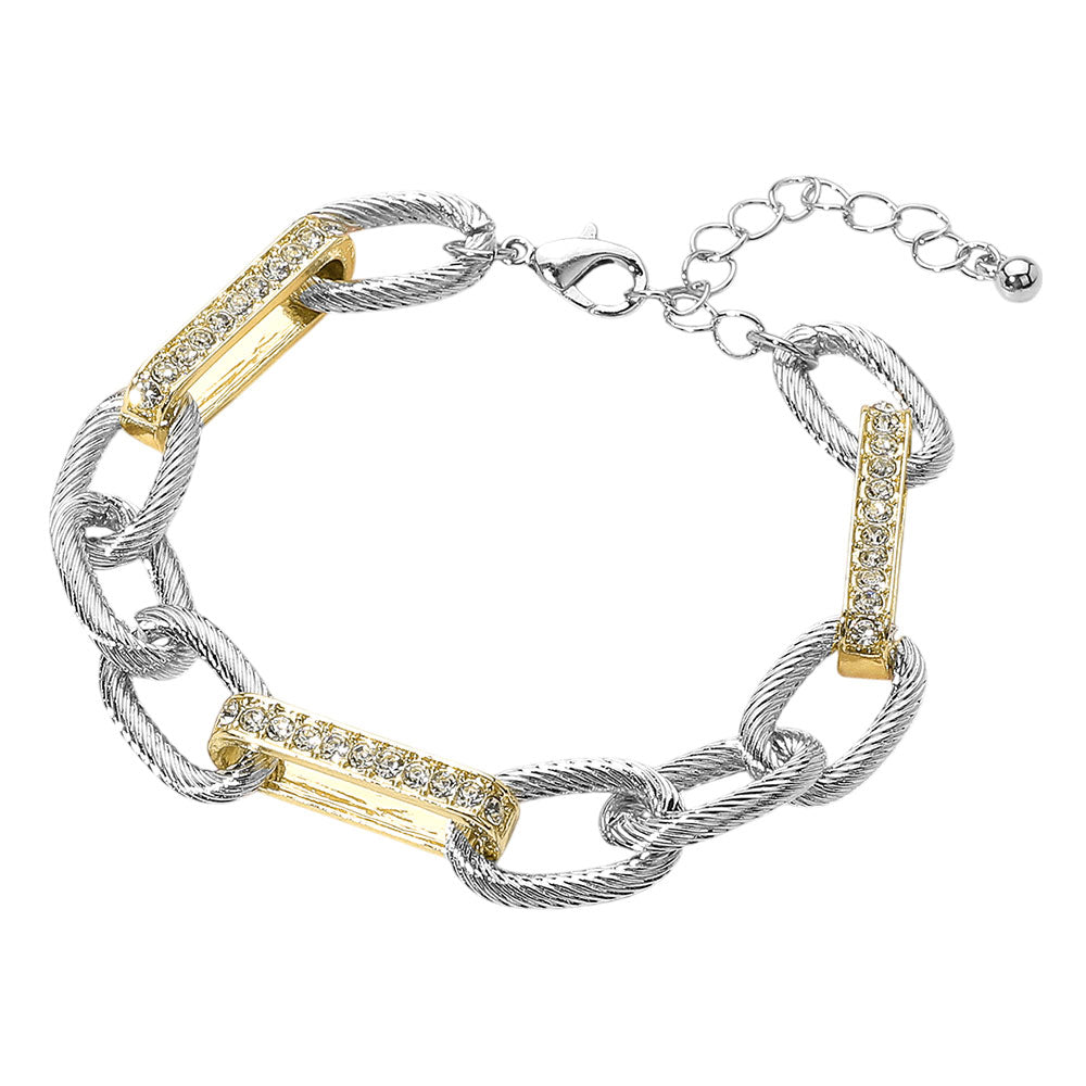 iLLASPARKZ Stone Paved Two Tone Textured Metal Link Chain Bracelet