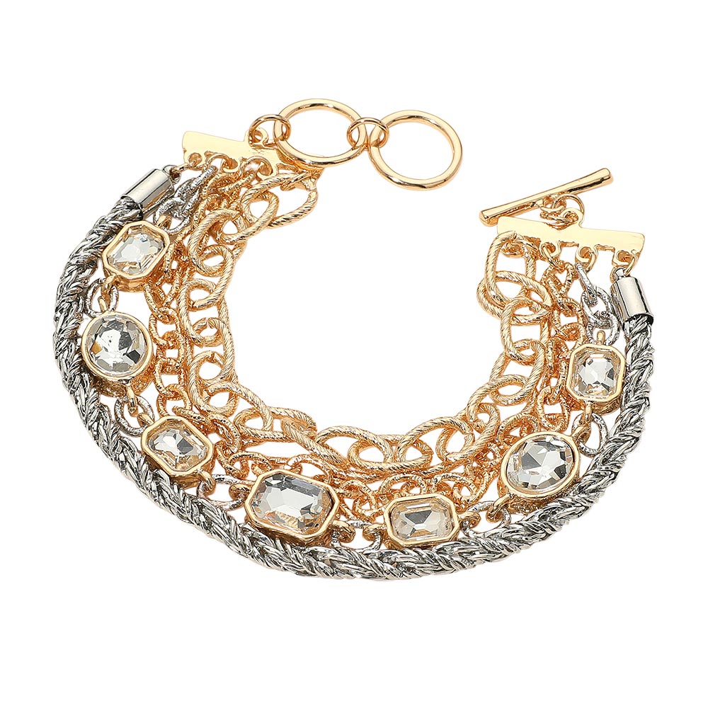 iLLASPARKZ Faceted Oval Rectangular Stone Cluster Link Accent Chunky Metal Chain Layered Bracelet