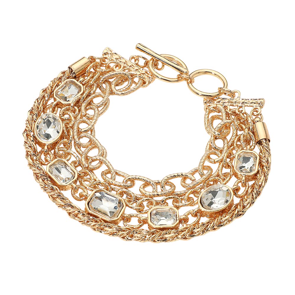 iLLASPARKZ Faceted Oval Rectangular Stone Cluster Link Accent Chunky Metal Chain Layered Bracelet