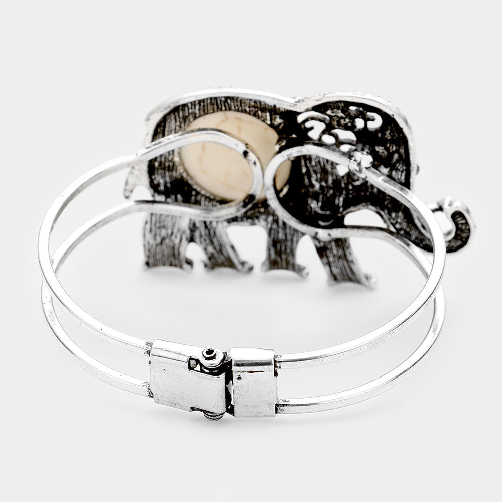 iLLASPARKZ Natural Stone Accented Embossed Metal Elephant Hinged Bracelet