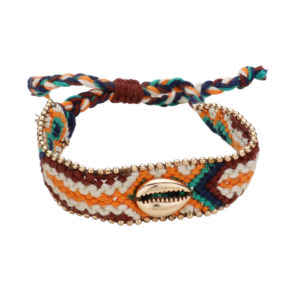 Metal Puka Shell Pointed Aztec Pattern Threaded Adjustable Cinch Pull Tie Bracelet