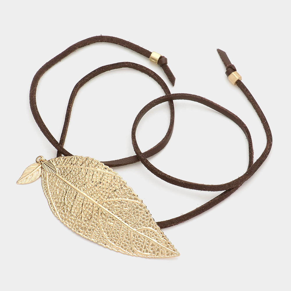 iLLASPARKZ Metal leaf accented faux leather wrap bracelet / choker necklace