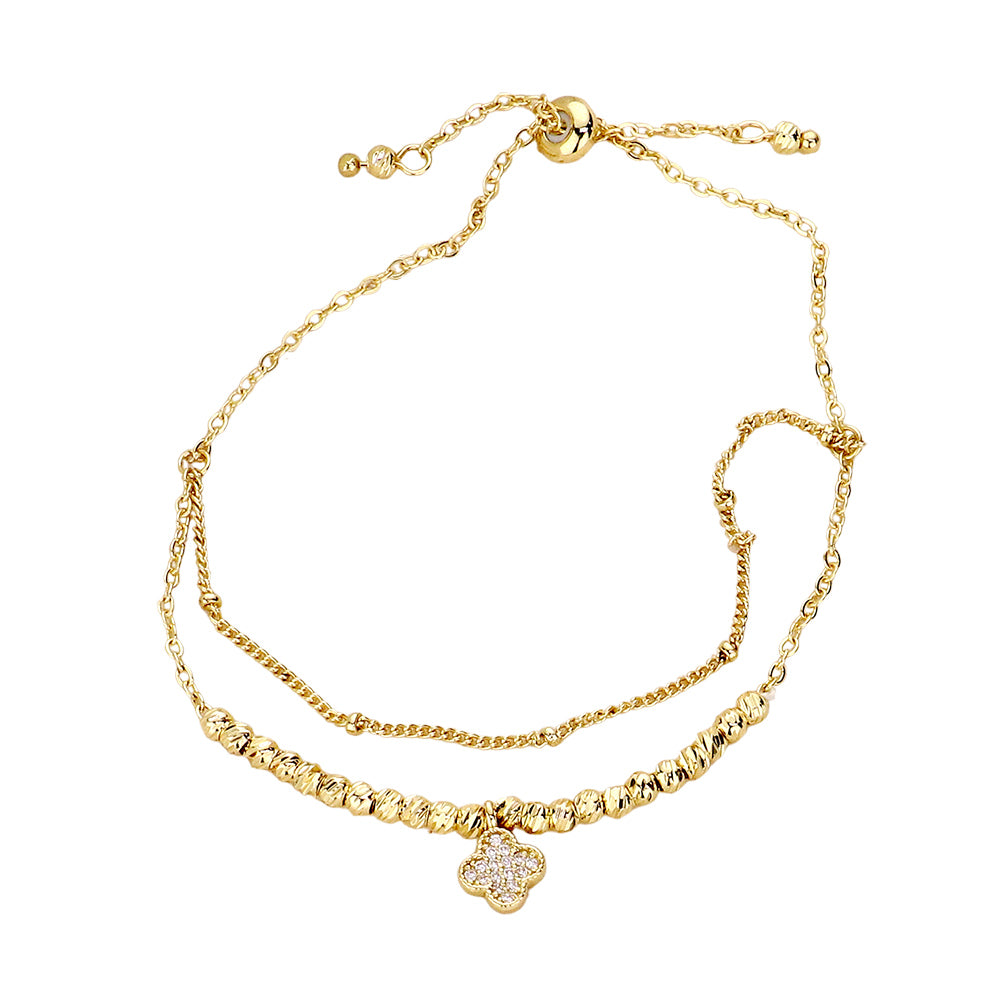 iLLASPARKZ CZ Stone Paved Quatrefoil Charm Pointed Brass Metal Adjustable Pull Tie Bracelet