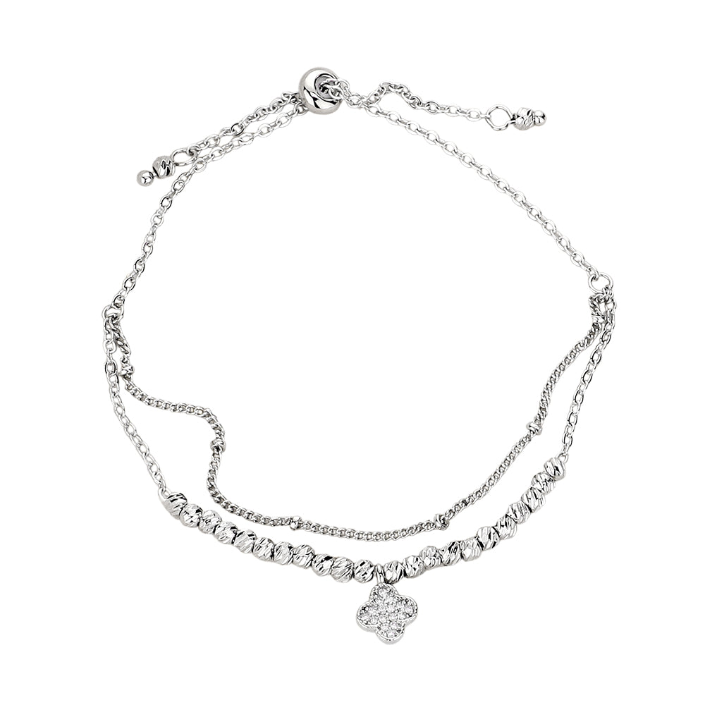 iLLASPARKZ CZ Stone Paved Quatrefoil Charm Pointed Brass Metal Adjustable Pull Tie Bracelet