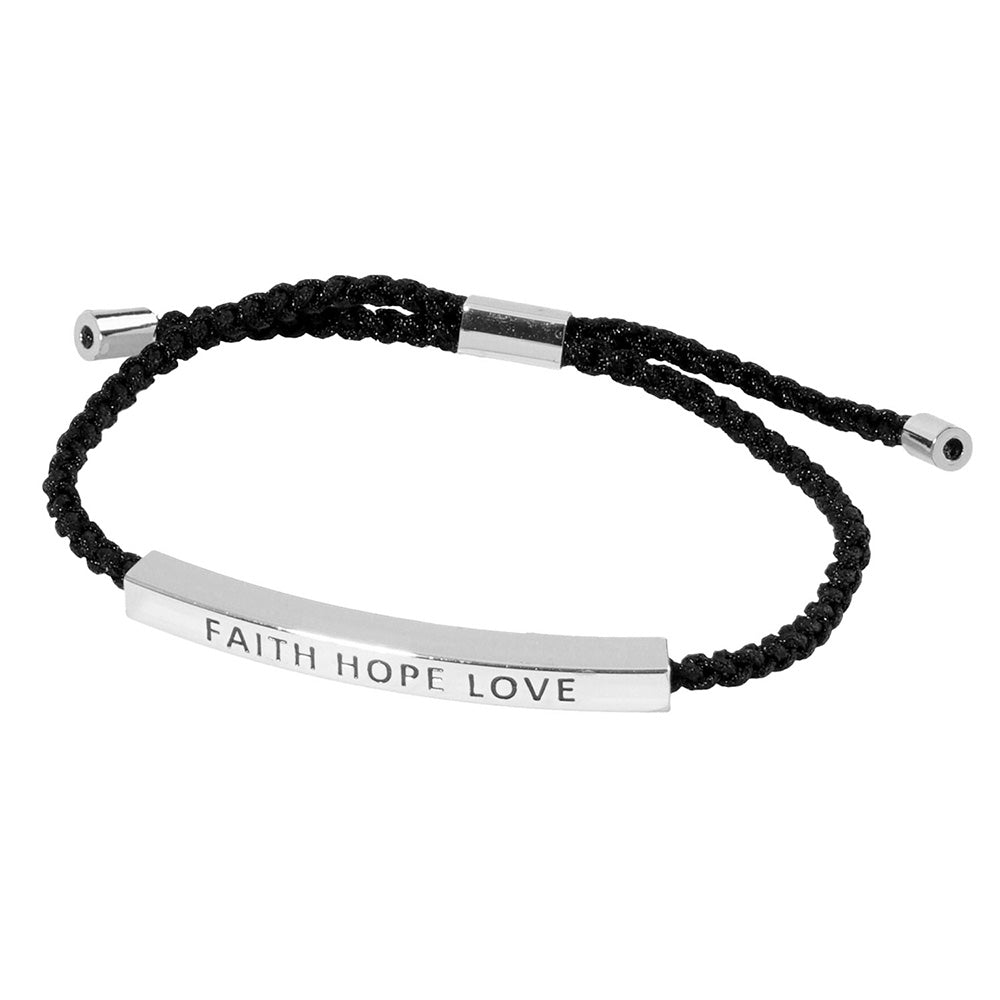 iLLASPARKZ White Gold Dipped FAITH HOPE LOVE Message Bar Pointed Rope Adjustable Cinch Pull Tie Bracelet