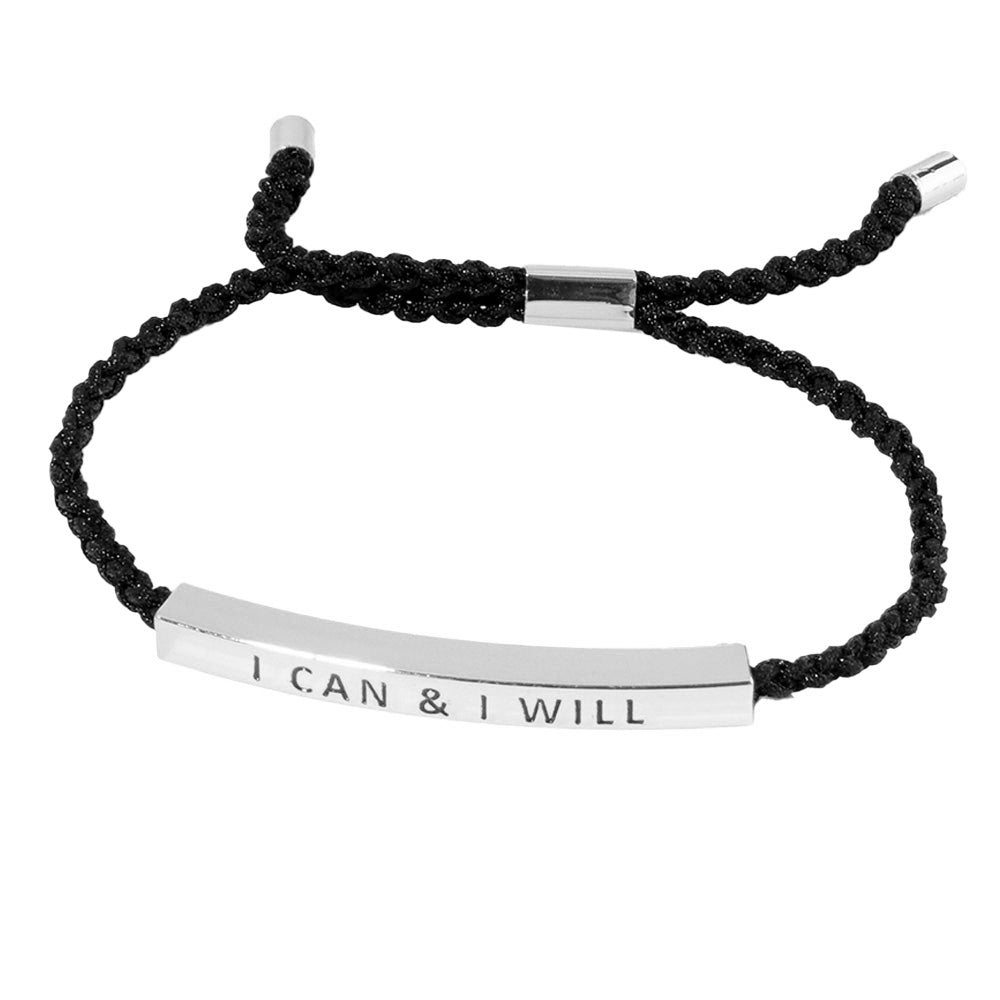 iLLASPARKZ White Gold Dipped I CAN I WILL Message Bar Pointed Rope Adjustable Cinch Pull Tie Bracelet