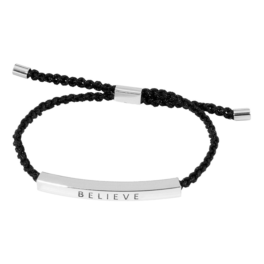 iLLASPARKZ White Gold Dipped BELIEVE Message Bar Pointed Rope Adjustable Cinch Pull Tie Bracelet