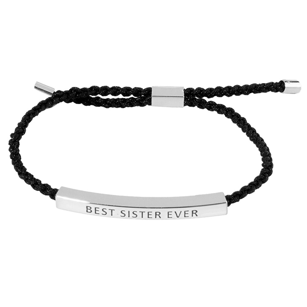 iLLASPARKZ White Gold Dipped BEST SISTER Message Bar Pointed Rope Adjustable Cinch Pull Tie Bracelet