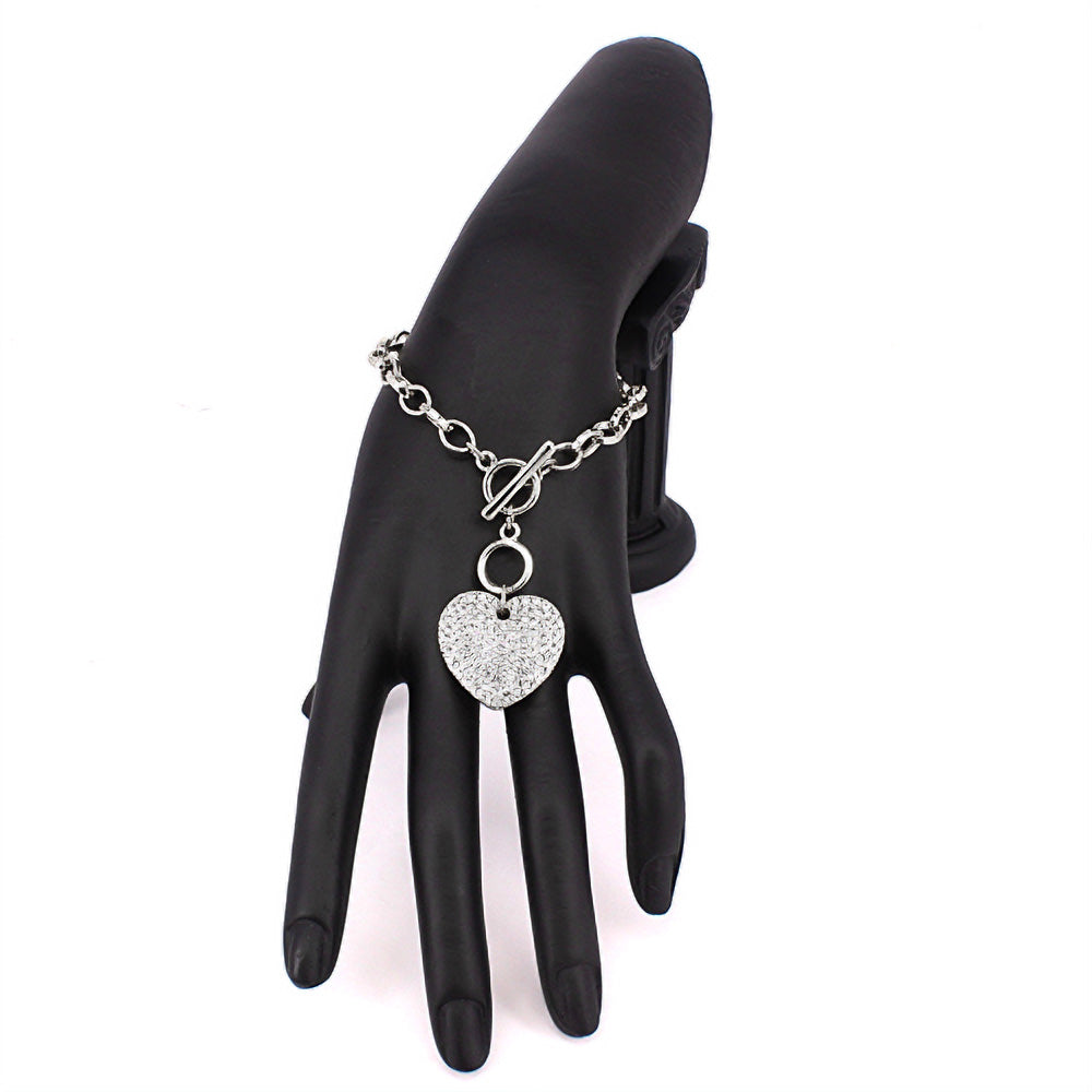 iLLASPARKZ Stone Paved Heart Pendant Metal Toggle Bracelet