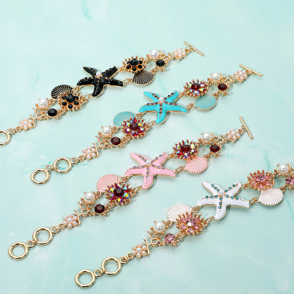 iLLASPARKZ Pearl Embellished Enamel Starfish Seashell Link Toggle Bracelet