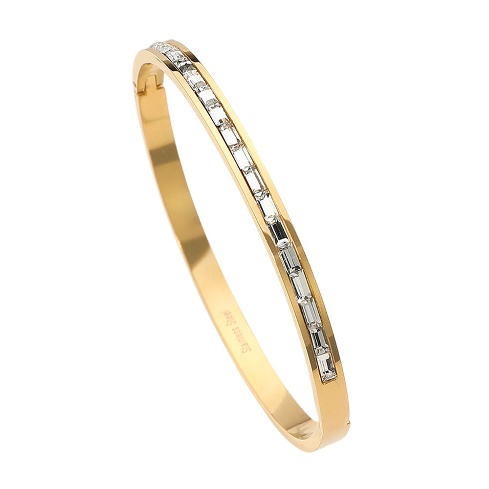 iLLASPARKZ Stainless Steel Baguette Stone Paved Hinged Bangle Bracelet