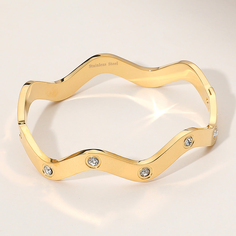 iLLASPARKZ Stainless Steel Stone Paved Wavy Hinged Bangle Bracelet