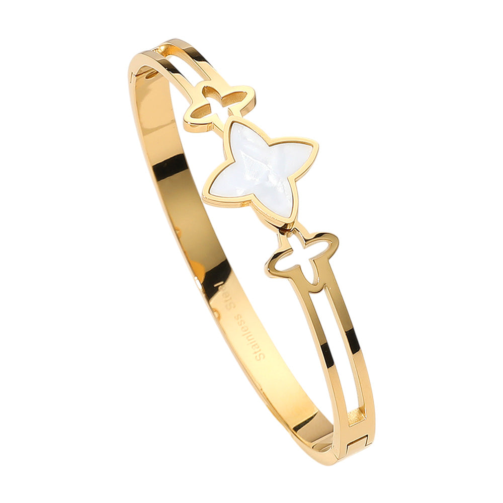 iLLASPARKZ Stainless Steel Mother of Pearl Clover Pointed Hinged Bangle Bracelet
