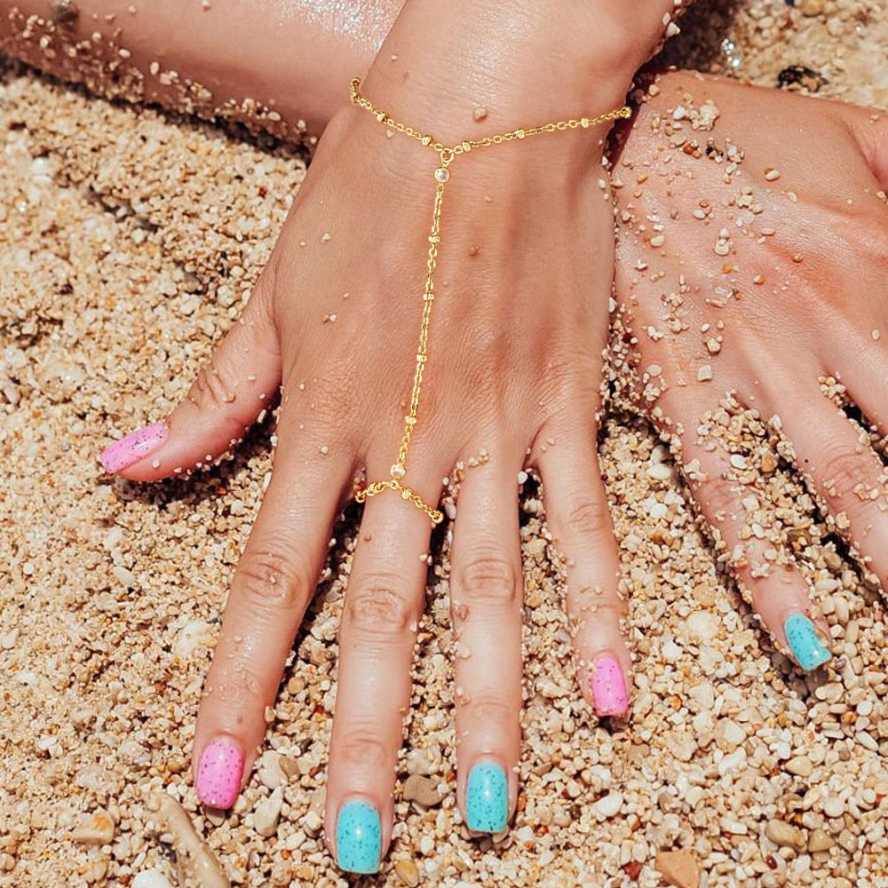iLLASPARKZ Gold Dipped Beads Chain Stone Bezel Hand Chain Bracelet