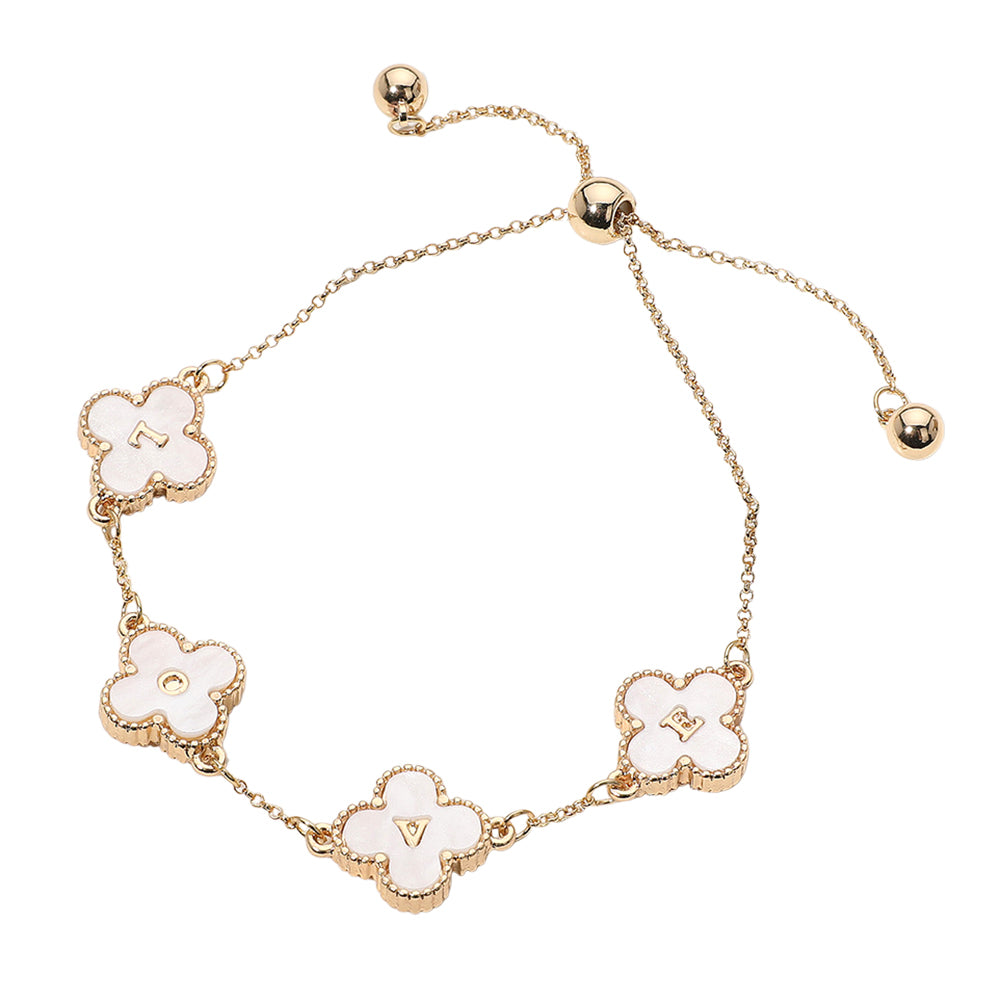 iLLASPARKZ LOVE Message Mother of Pearl Quatrefoil Link Adjustable Cinch Pull Tie Bracelet