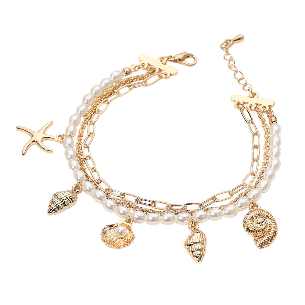 iLLASPARKZ Starfish Seashell Puka Shell Charm Station Pearl Paperclip Chain Strand Bracelet