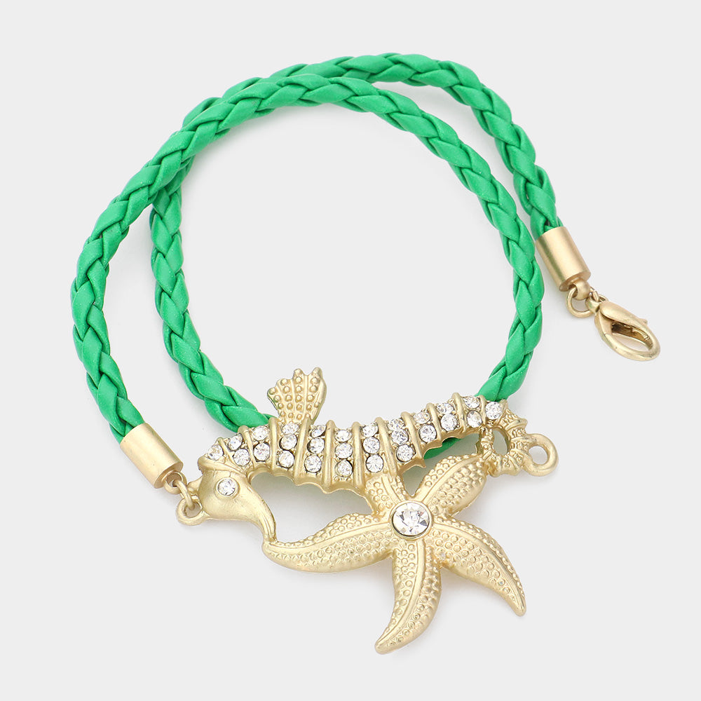 iLLASPARKZ Stone Embellished Starfish Seahorse Braided Faux Leather Wrap Bracelet