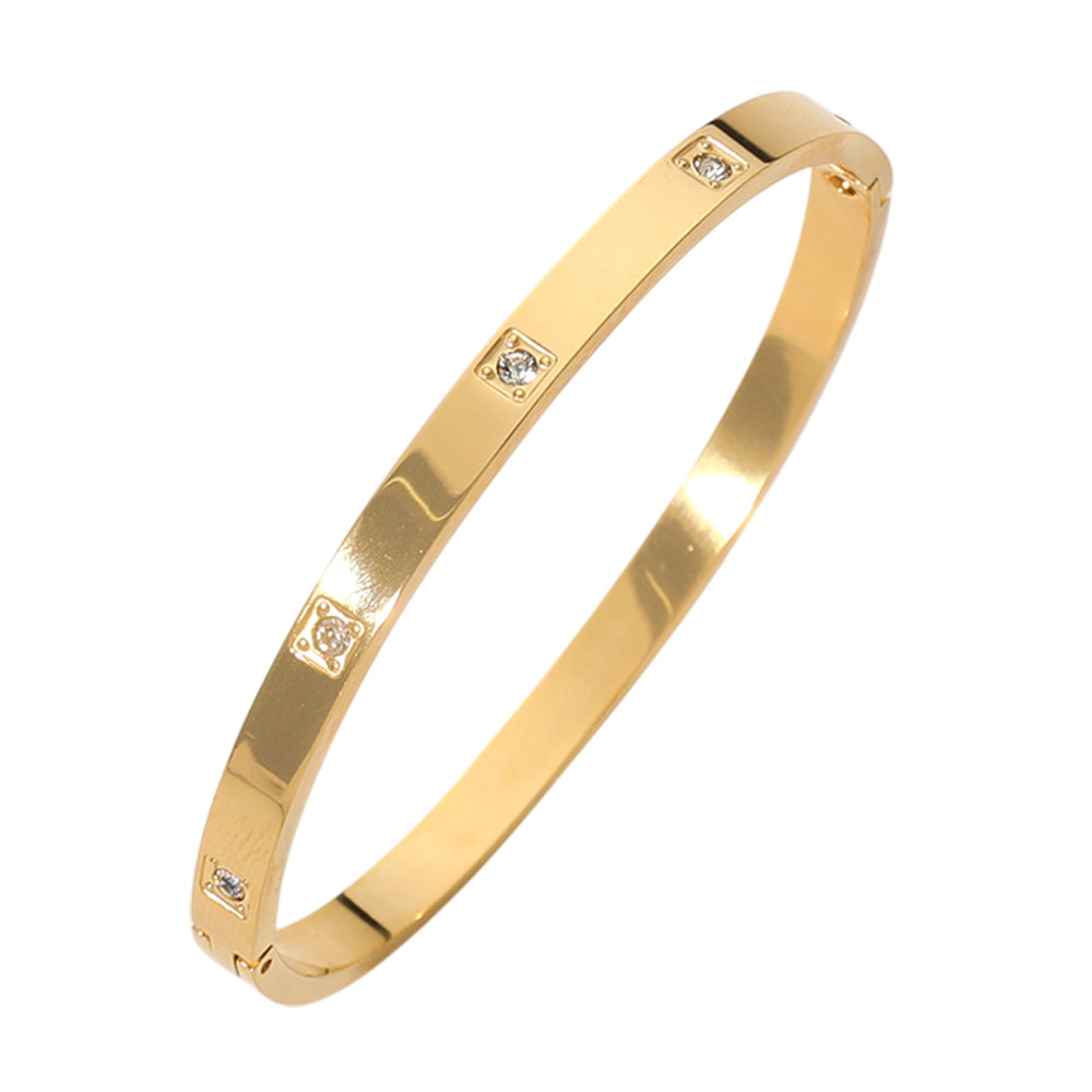 iLLASPARKZ Stainless Steel Round Stone Paved Square Engraved Hinged Bangle Bracelet