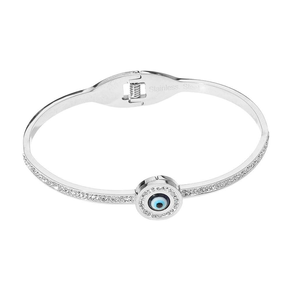iLLASPARKZ Stainless Steel Evil Eye CZ Stone Accent Hinged Bangle Bracelet