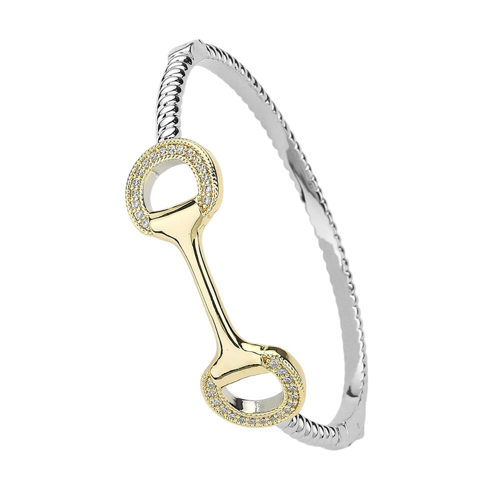 iLLASPARKZ Two Tone CZ Stone Paved Horsebit Accented Hinged Bangle Bracelet