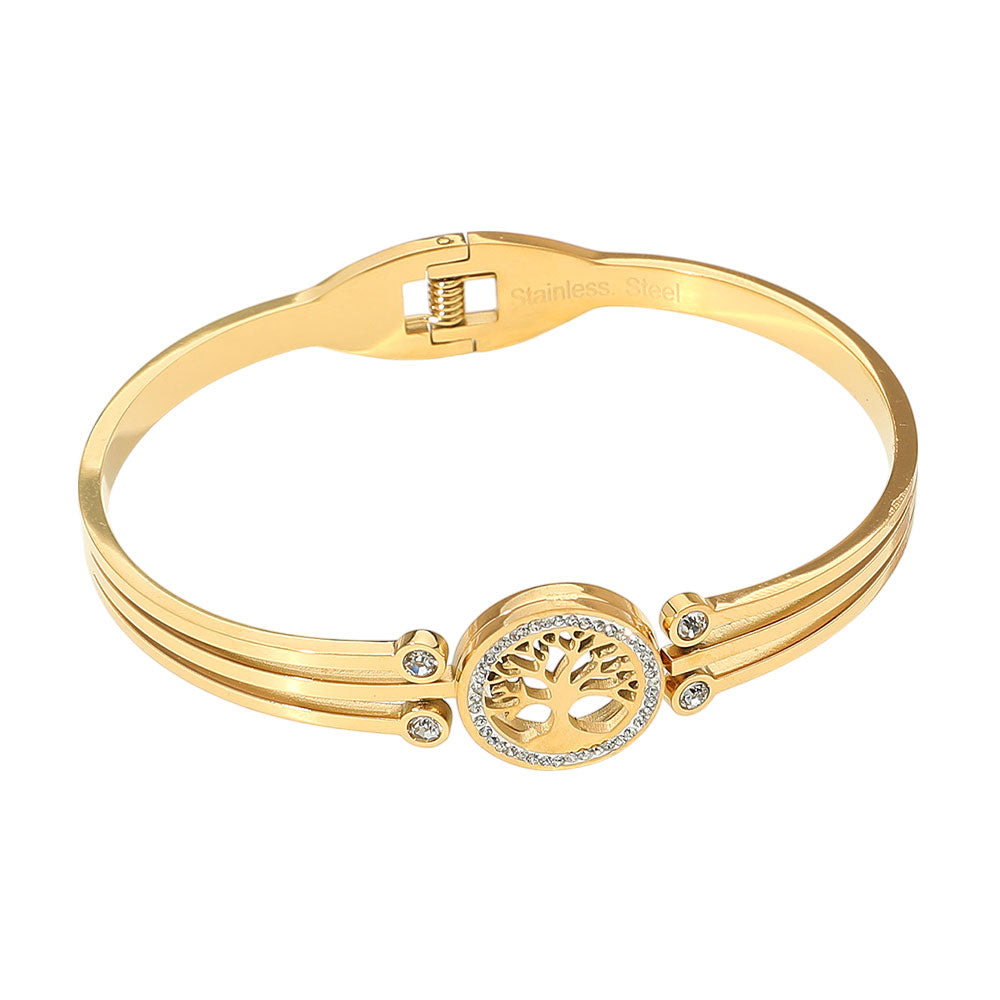 iLLASPARKZ Stainless Steel Tree of Life CZ Stone Accent Hinged Bangle Bracelet