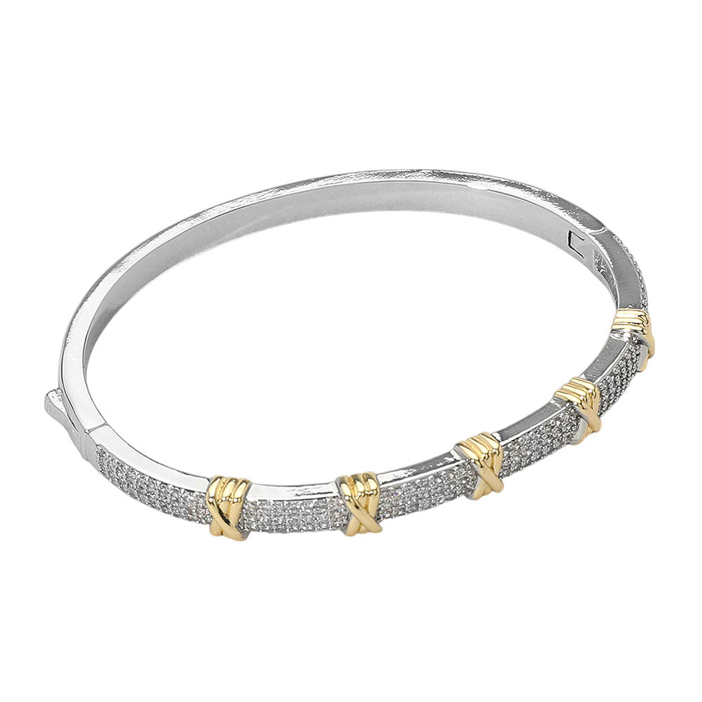 iLLASPARKZ CZ Stone Paved Two Tone Crisscross Accent Hinged Bangle Bracelet