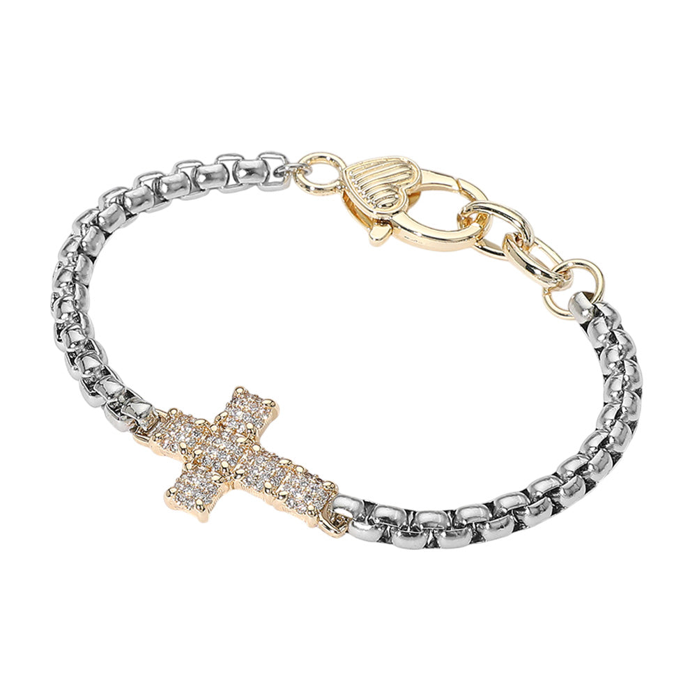 iLLASPARKZ 14K Gold Plated Two Tone CZ Stone Paved Cross Pointed Bracelet