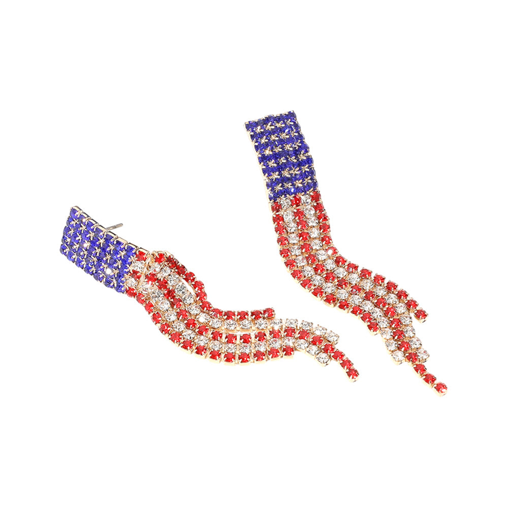 iLLASPARKZ American USA Flag Rhinestone Paved Fringe Earrings