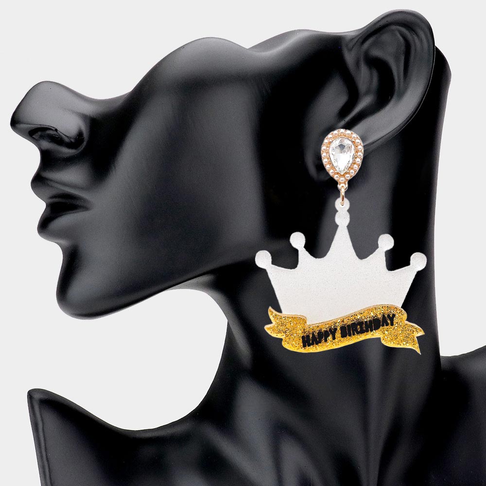 iLLASPARKZ HAPPY BIRTHDAY Glittered Resin Crown Dangle Earrings