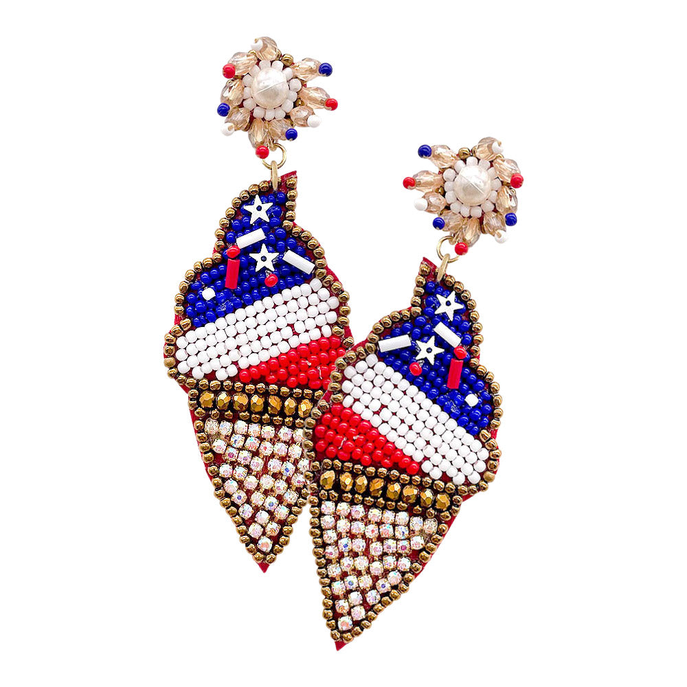 iLLASPARKZ Felt Back Seed Beaded American USA Flag Ice Cream Dangle Earrings