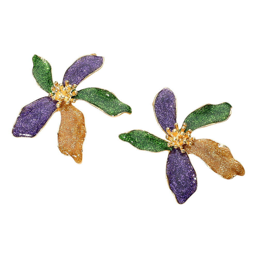 iLLASPARKZ Glittered Enamel Mardi Gras Flower Earrings