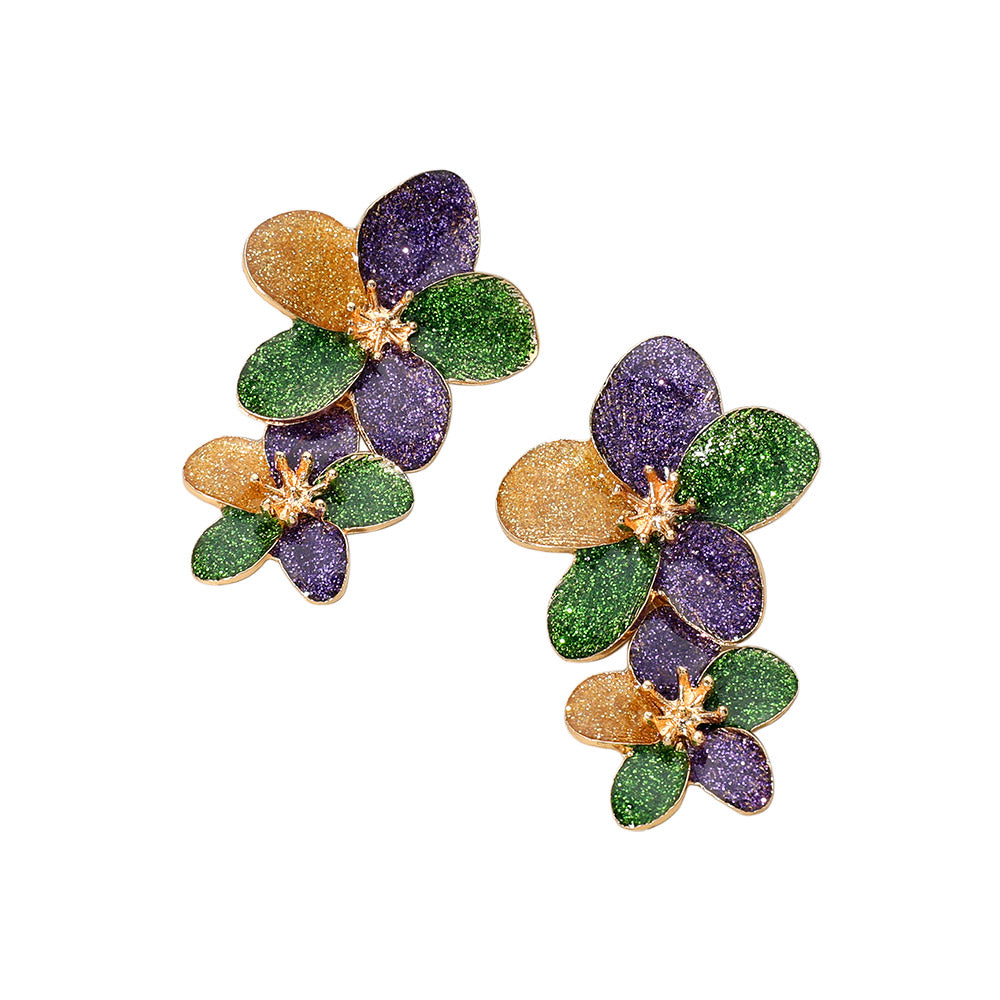 iLLASPARKZ Glittered Enamel Mardi Gras Double Flower Dangle Earrings