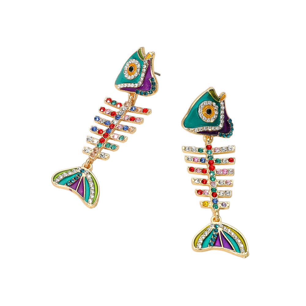 iLLASPARKZ Stone Embellished Enamel Fish Bone Earrings