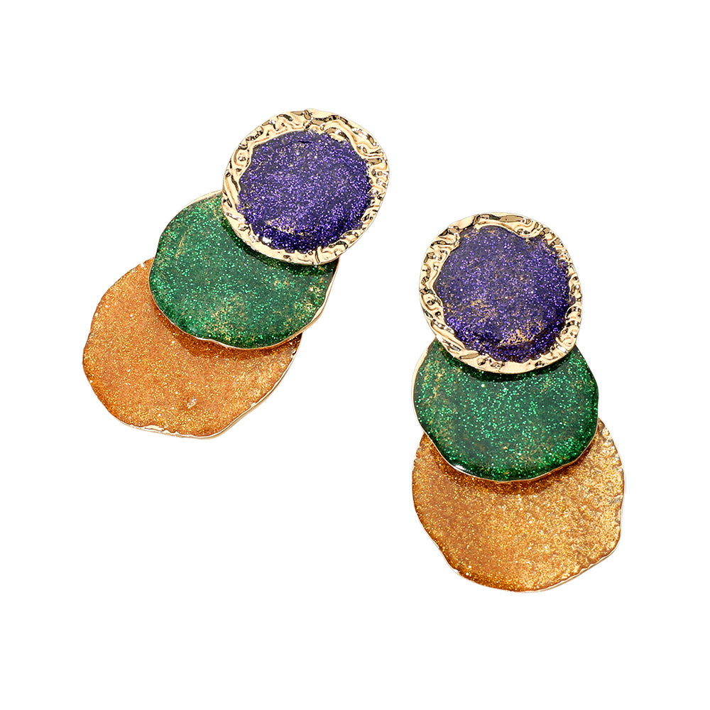 iLLASPARKZ Glittered Enamel Mardi Gras Triple Disc Layered Earrings