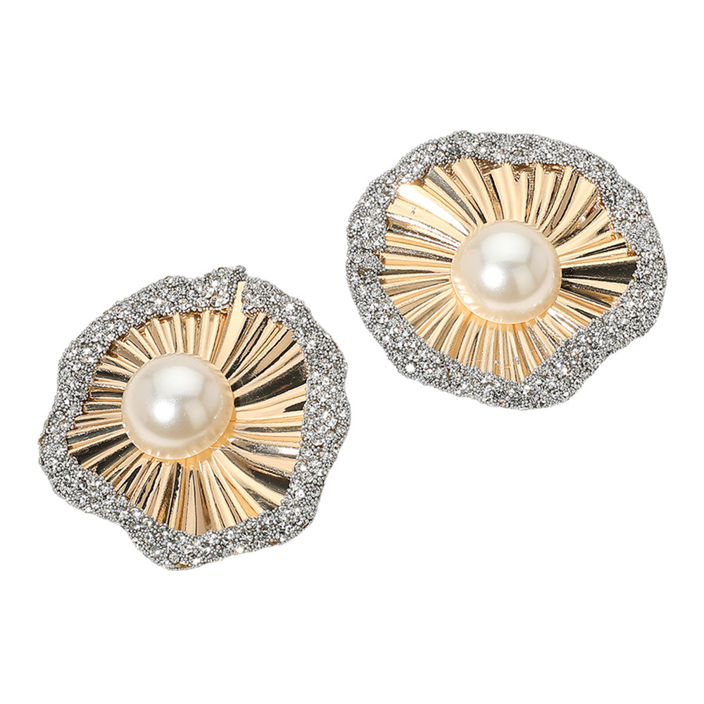 iLLASPARKZ Pearl Pointed Stone Paved Rim Flower Earrings