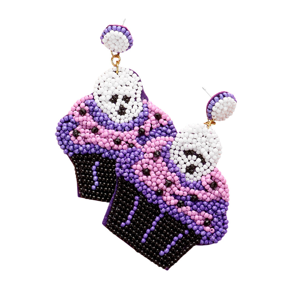 iLLASPARKZ Felt Back Halloween Theme Skull Cupcake Beaded Dangle Earrings