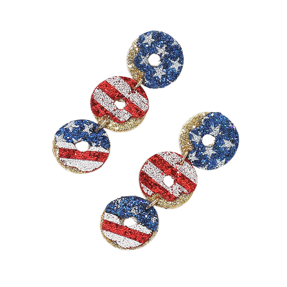 iLLASPARKZ Glittered American USA Flag Trip Donut Link Drop Earrings