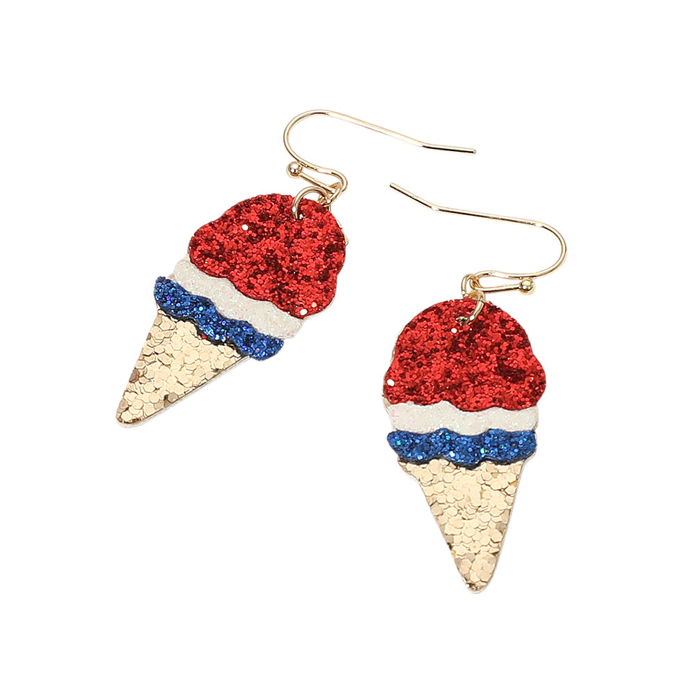 iLLASPARKZ Glittered American USA Flag Ice Cream Cone Dangle Earrings
