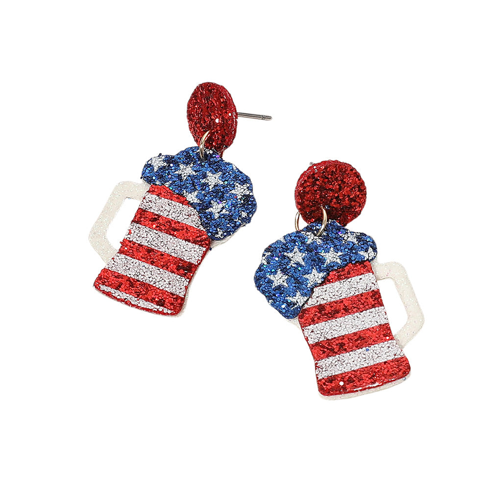 iLLASPARKZ Glittered American USA Flag Beer Glass Dangle Earrings