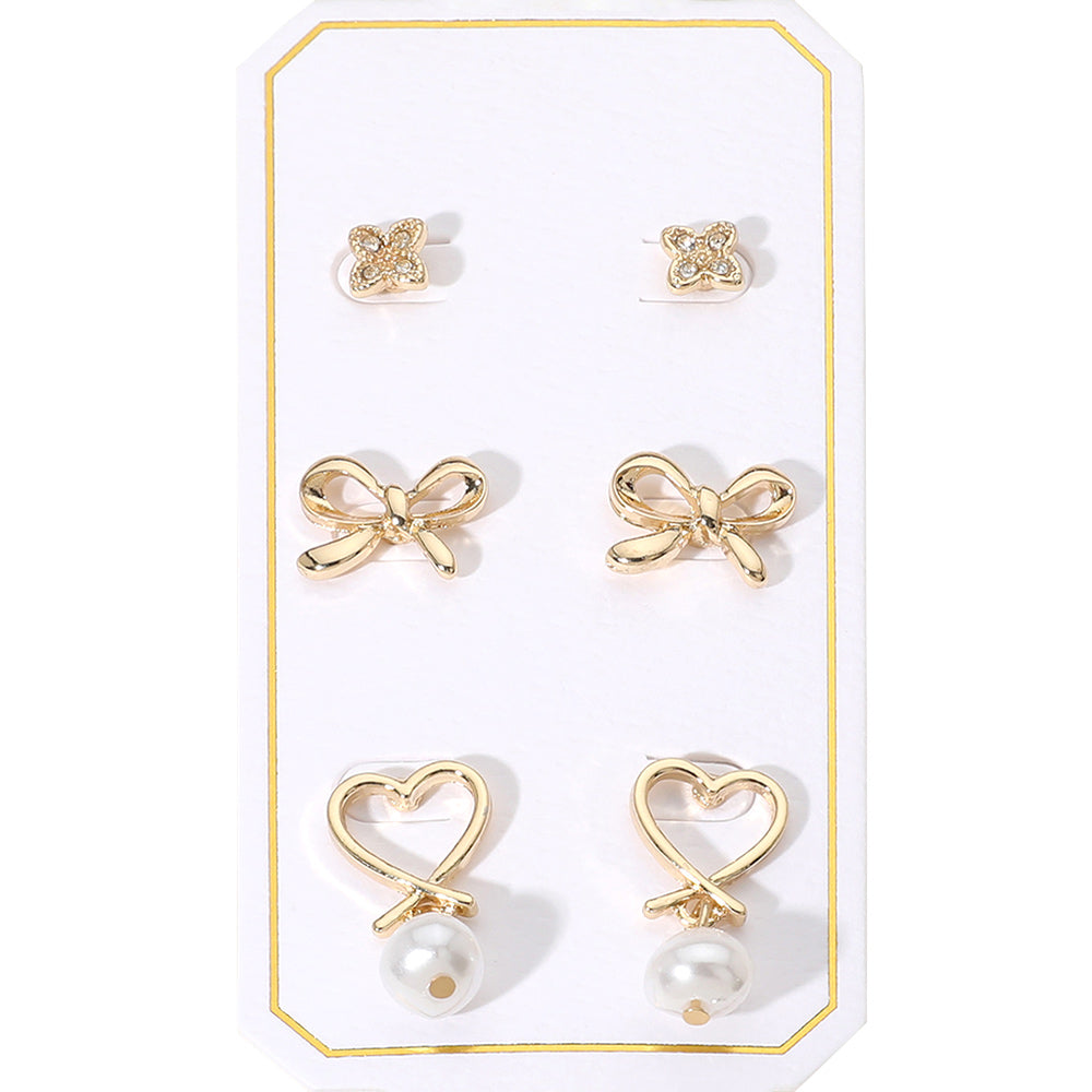 iLLASPARKZ 3Pairs - Stone Paved Flower Bow Stud Pearl Dangle Heart Earrings Set
