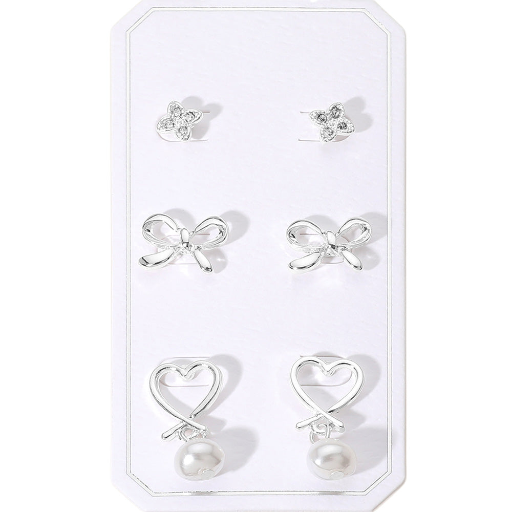 iLLASPARKZ 3Pairs - Stone Paved Flower Bow Stud Pearl Dangle Heart Earrings Set