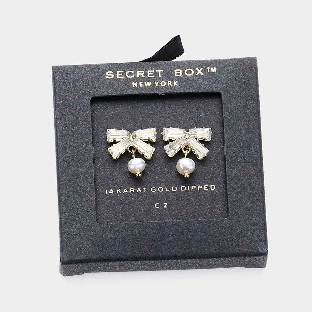 iLLASPARKZ SECRET BOX_14K Gold Dipped CZ Stone Bow Pearl Pointed Earrings