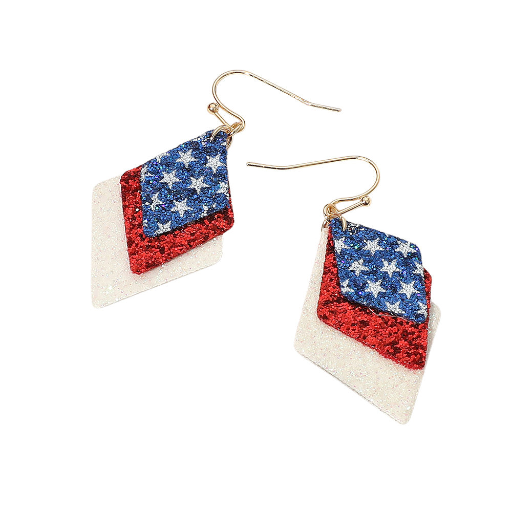 iLLASPARKZ Glittered American USA Flag Triple Rhombus Layered Dangle Earrings