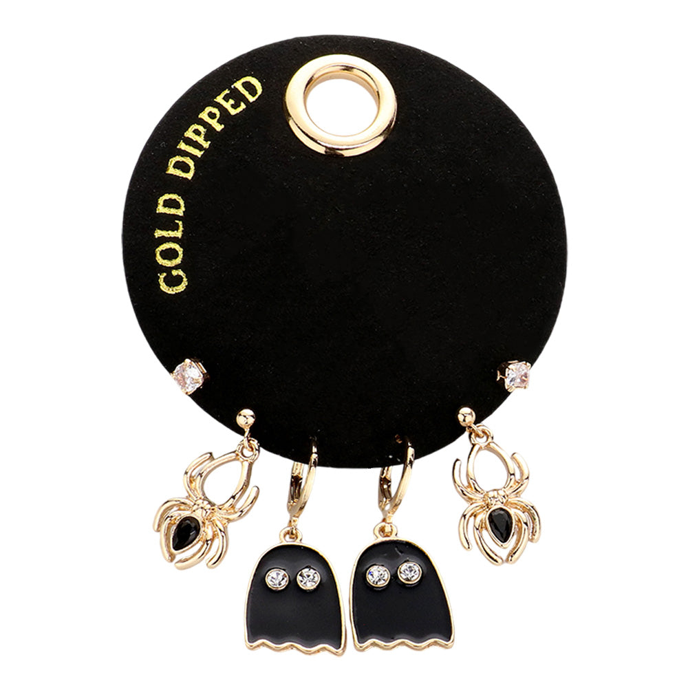 iLLASPARKZ SECRET BOX_Gold Dipped Enamel Ghost Spider Stone Stud 3 Pairs Earring Set