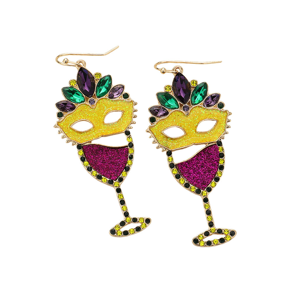 iLLASPARKZ Marquise Stone Sparkly Mardi Gras Mask Wine Glass Dangle Earrings